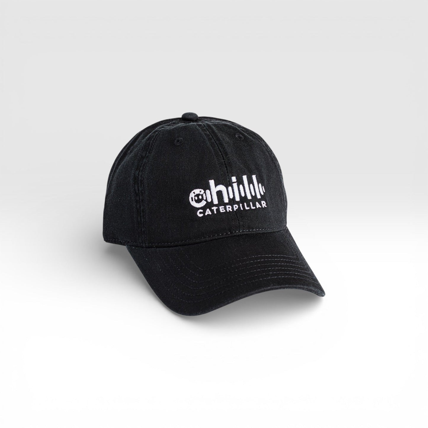 Chill Caterpillar logo baseball cap, front view, black