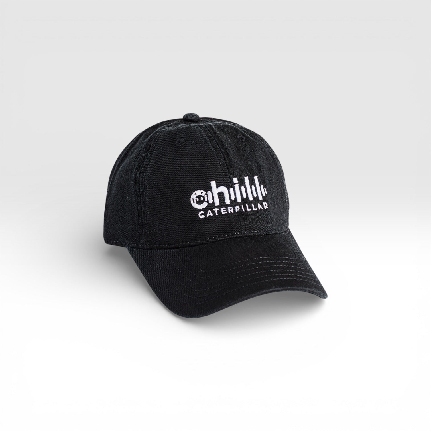 Chill Caterpillar logo baseball cap, front view, black