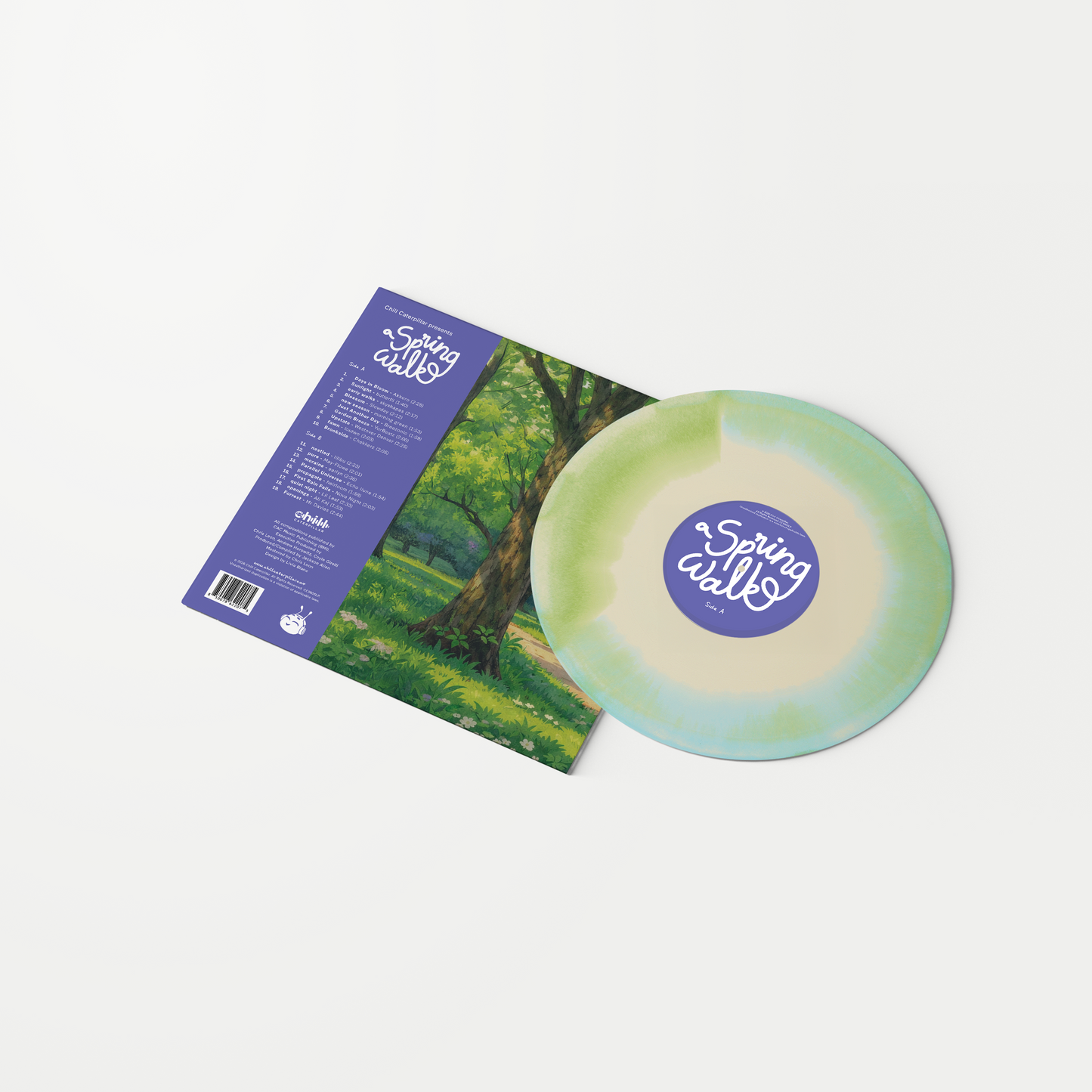 A Spring Walk vinyl record back cover with spring lofi tracklist