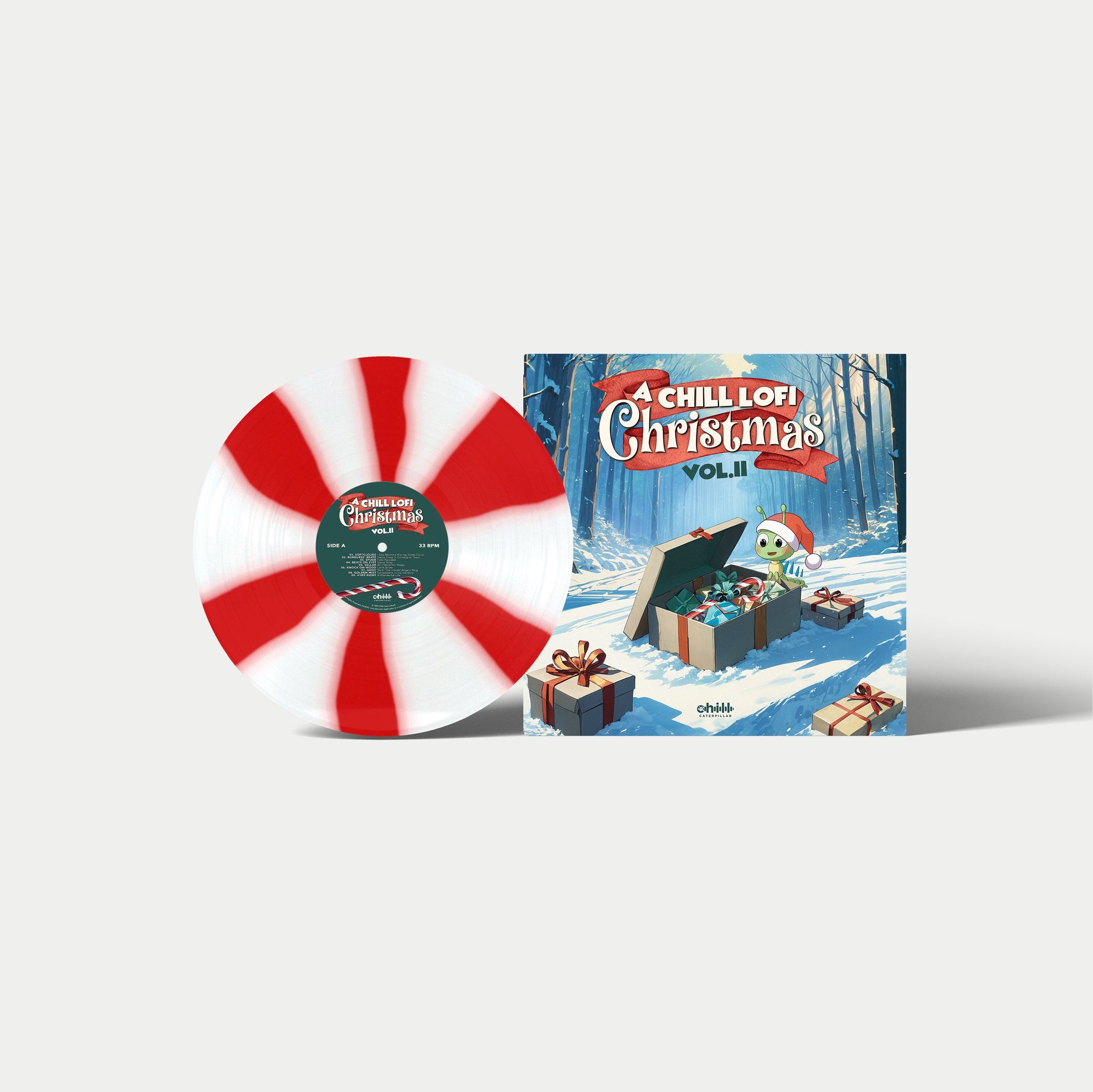 A Chill Lofi Christmas Vol. II candy cane colored vinyl record, front cover