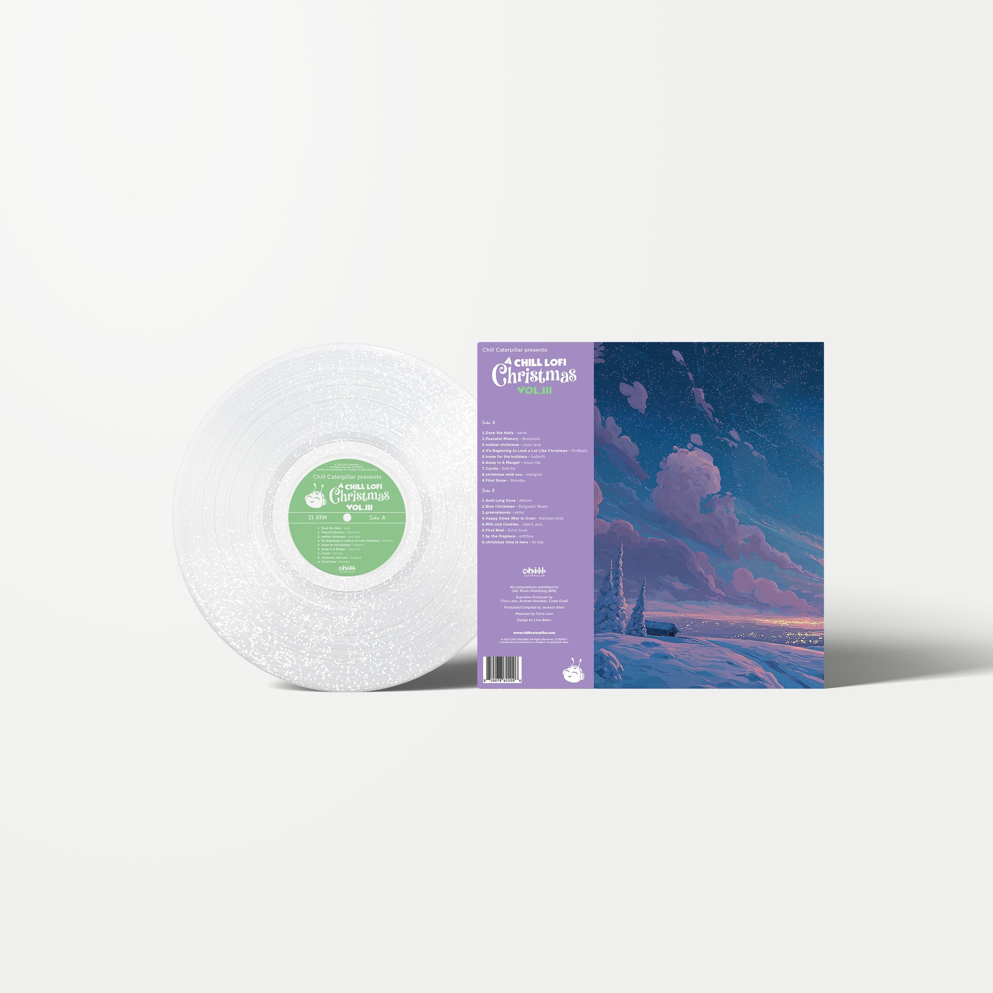 A Chill Lofi Christmas Vol. III vinyl record back cover with full holiday lofi tracklist